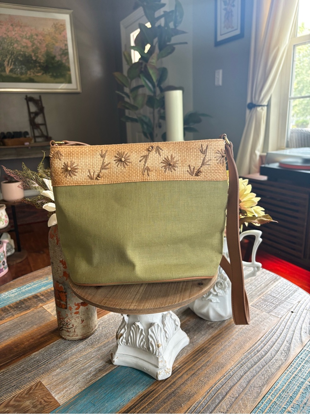Relic Olive Green Floral Raffia Crossbody Bag Boho Cottagecore Shoulder Purse
